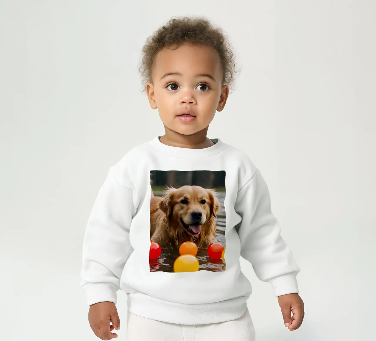 Golden retriever che gioca allegramente in acqua circondato da palline felpa neonato da DesignDoodle