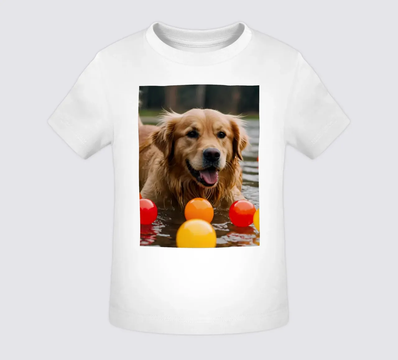 Golden retriever che gioca allegramente in acqua circondato da palline maglietta neonato da DesignDoodle