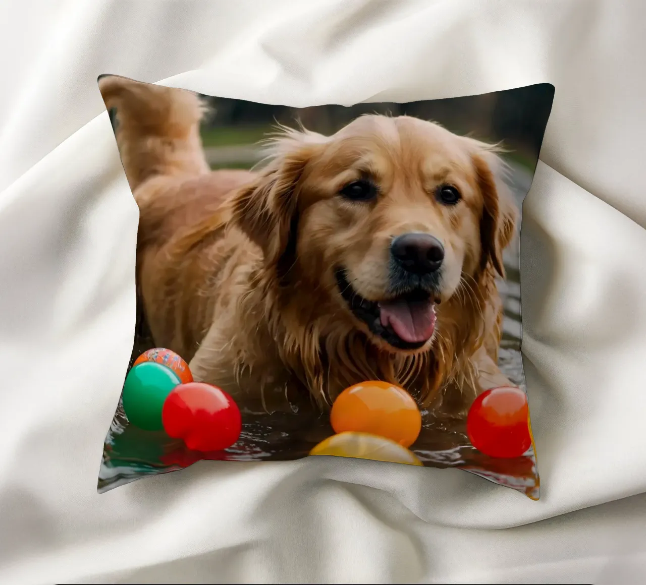Golden retriever che gioca allegramente in acqua circondato da palline cuscino da DesignDoodle