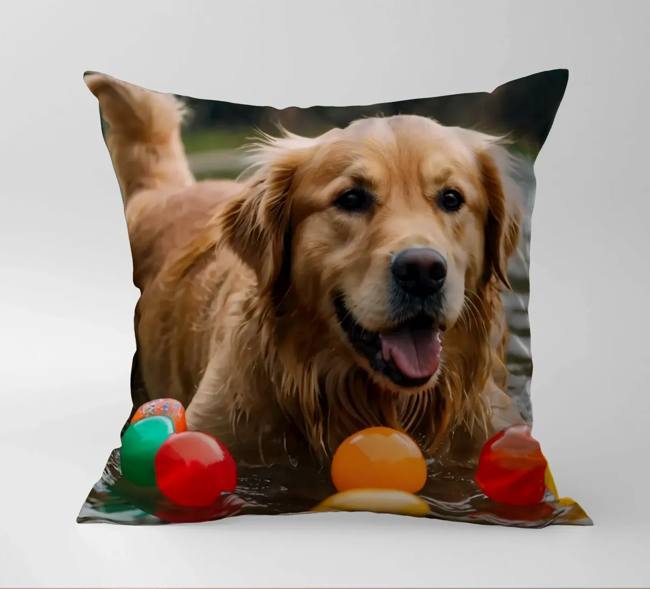 Golden retriever che gioca allegramente in acqua circondato da palline cuscino da DesignDoodle