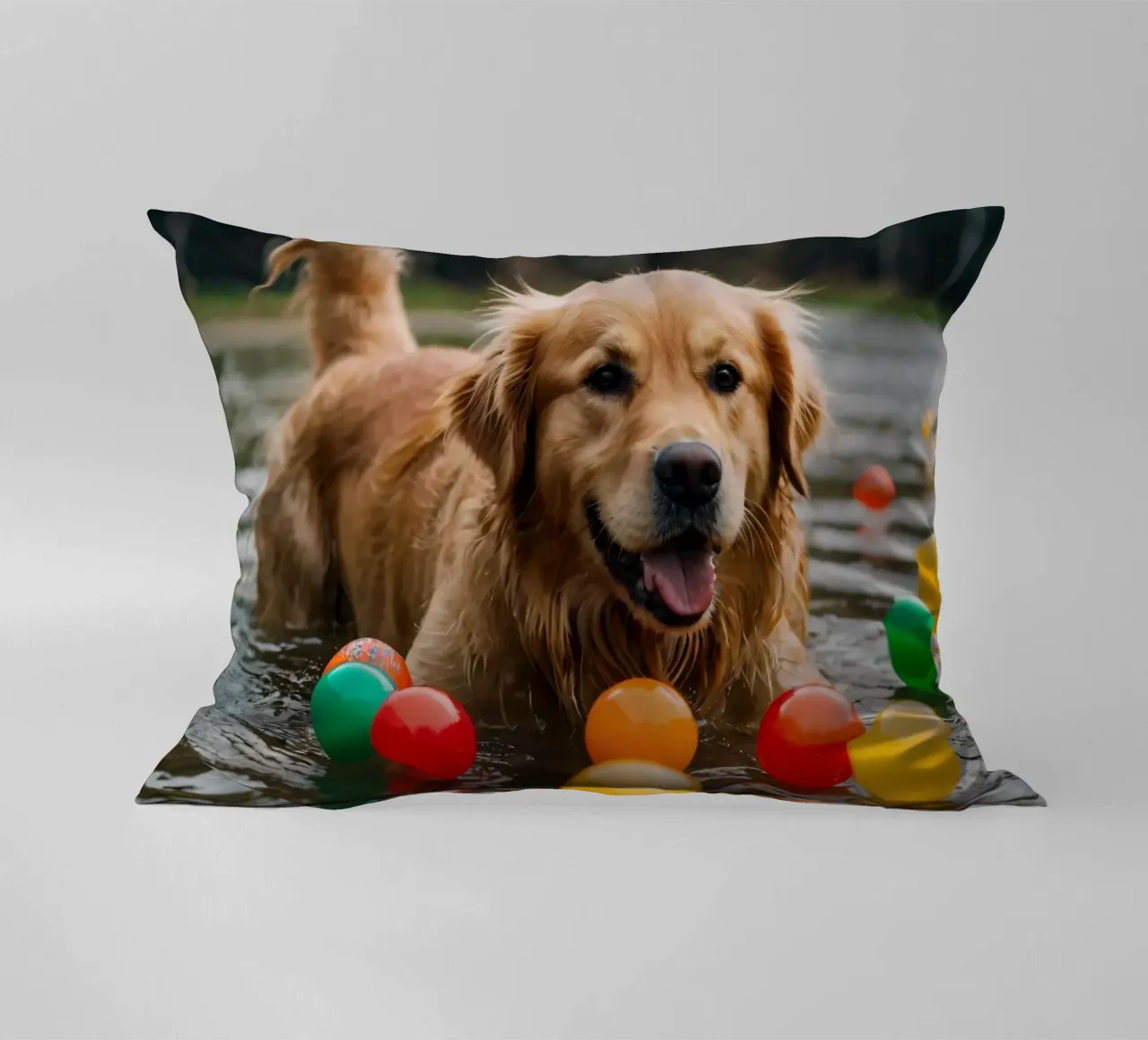 Golden retriever che gioca allegramente in acqua circondato da palline cuscino da DesignDoodle
