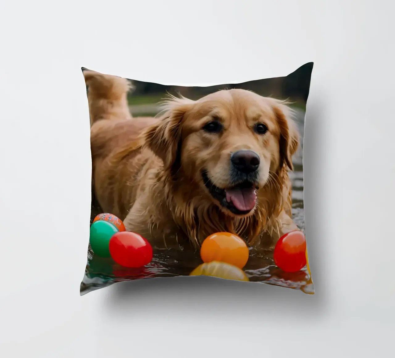 Golden retriever che gioca allegramente in acqua circondato da palline cuscino da DesignDoodle