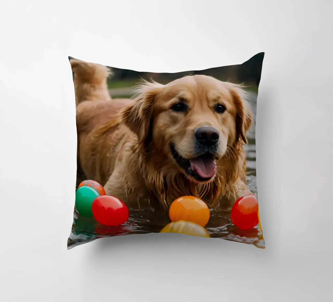 Golden retriever che gioca allegramente in acqua circondato da palline cuscino da DesignDoodle