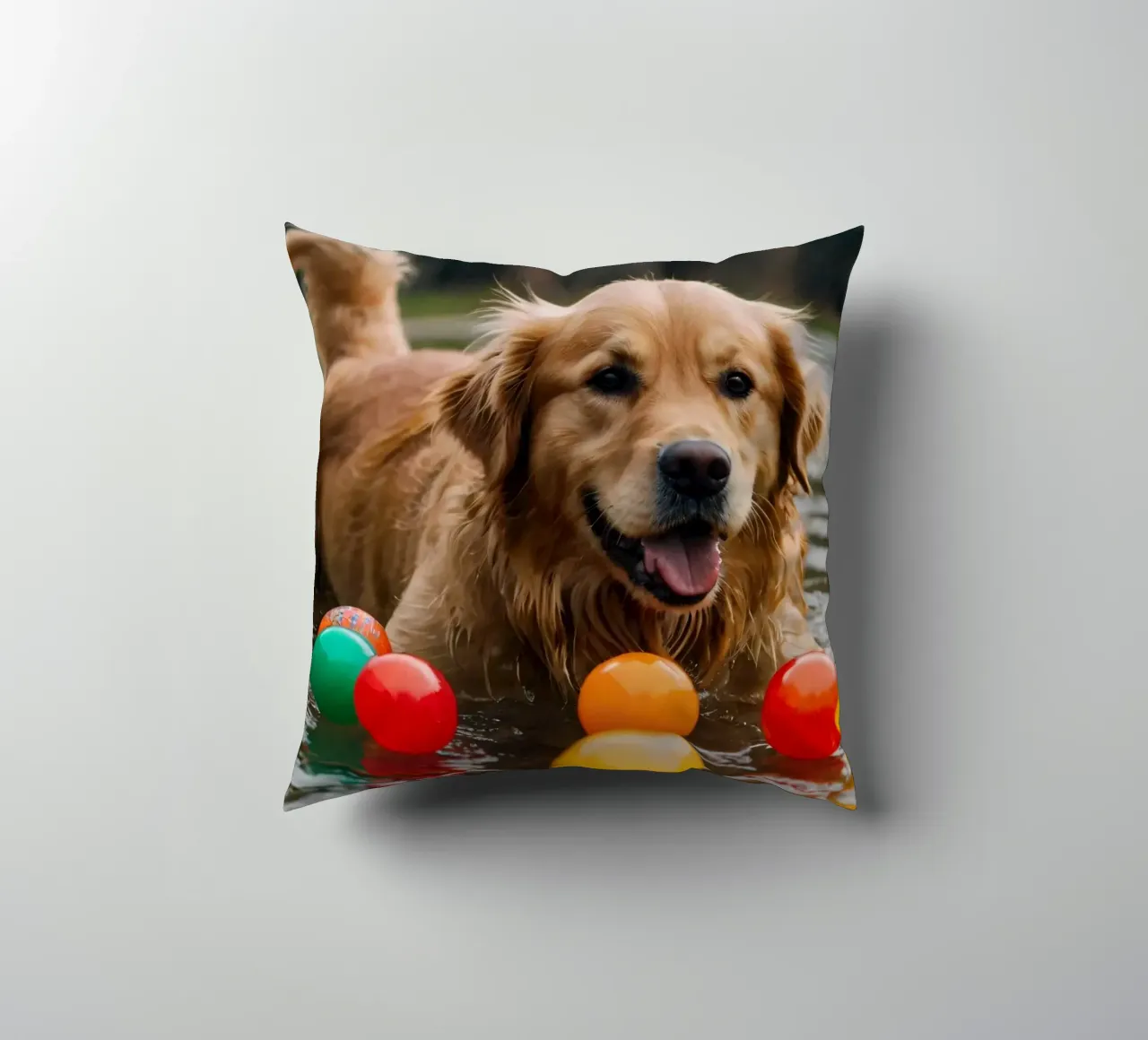 Golden retriever che gioca allegramente in acqua circondato da palline cuscino da DesignDoodle