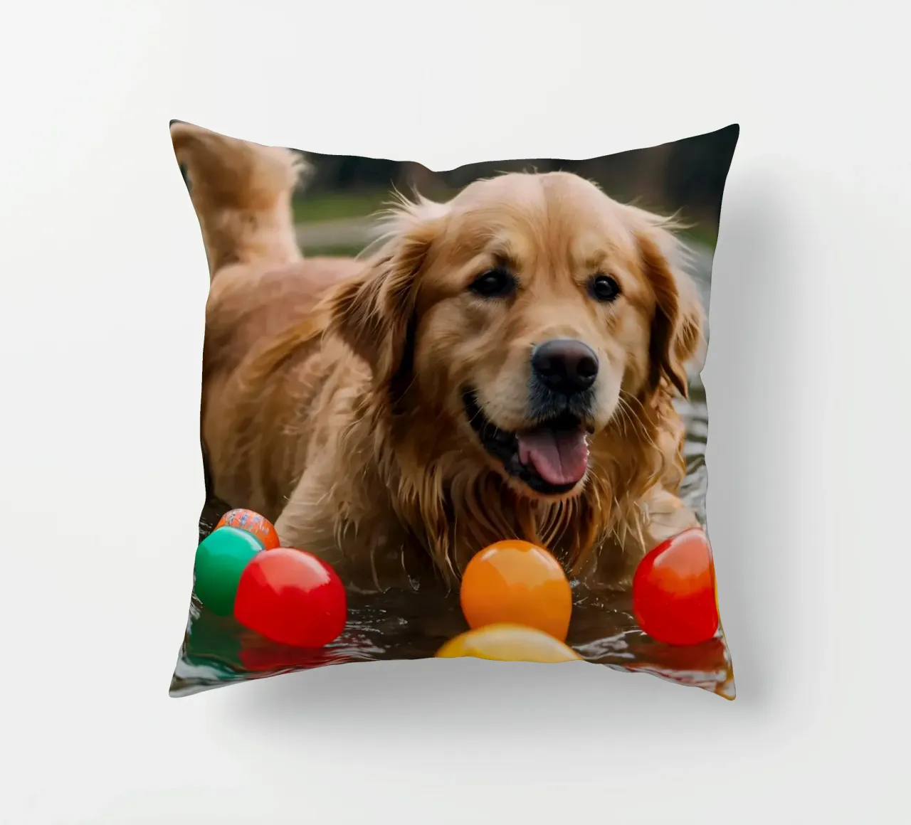 Golden retriever che gioca allegramente in acqua circondato da palline cuscino da DesignDoodle