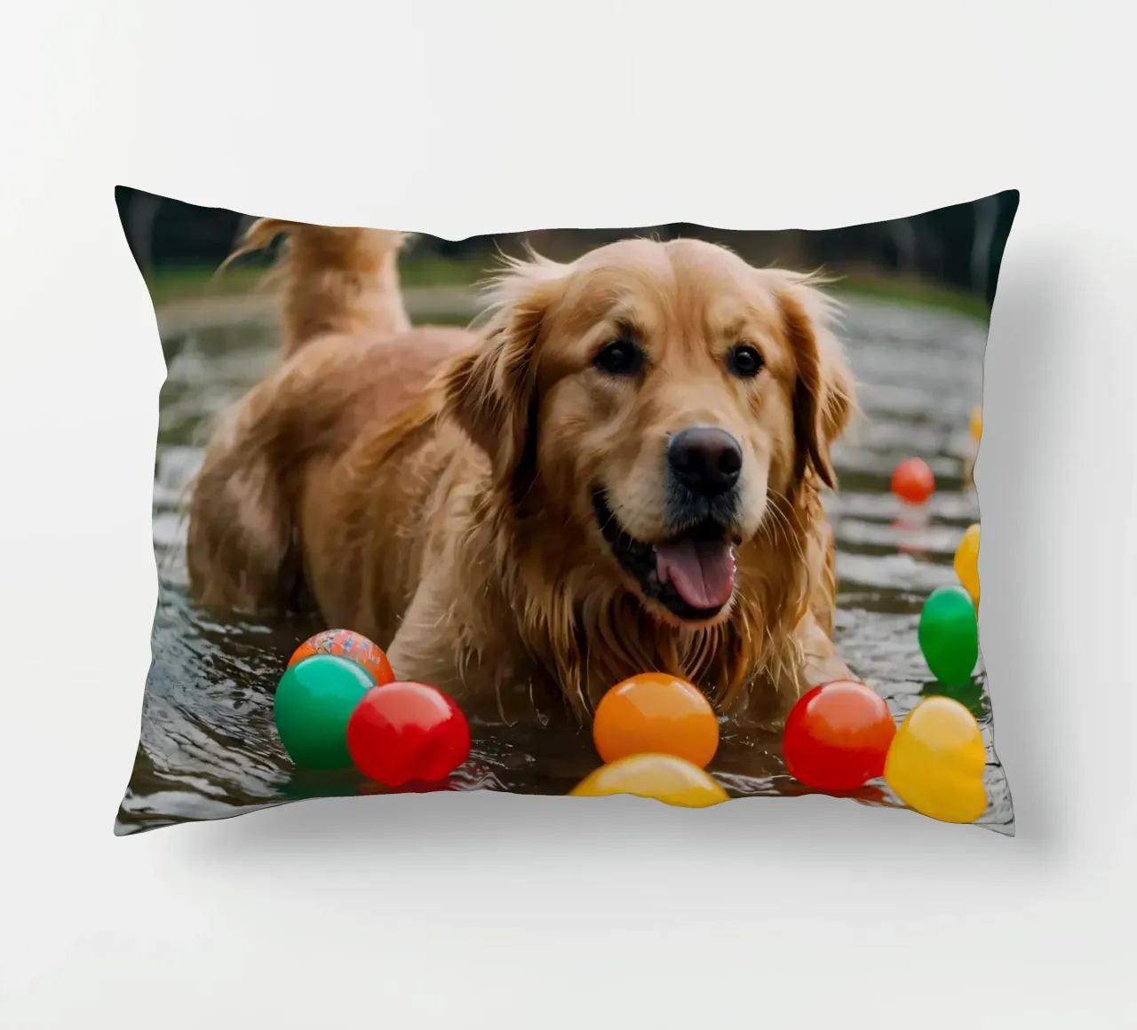 Golden retriever che gioca allegramente in acqua circondato da palline cuscino da DesignDoodle