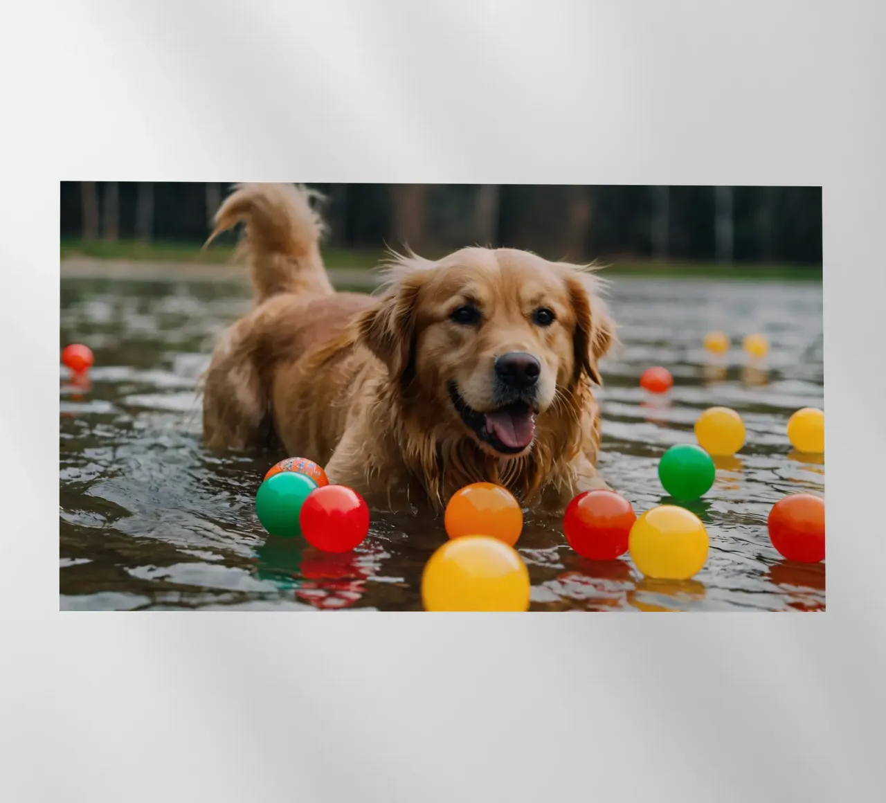 Golden retriever che gioca allegramente in acqua circondato da palline pellicola backlit da DesignDoodle