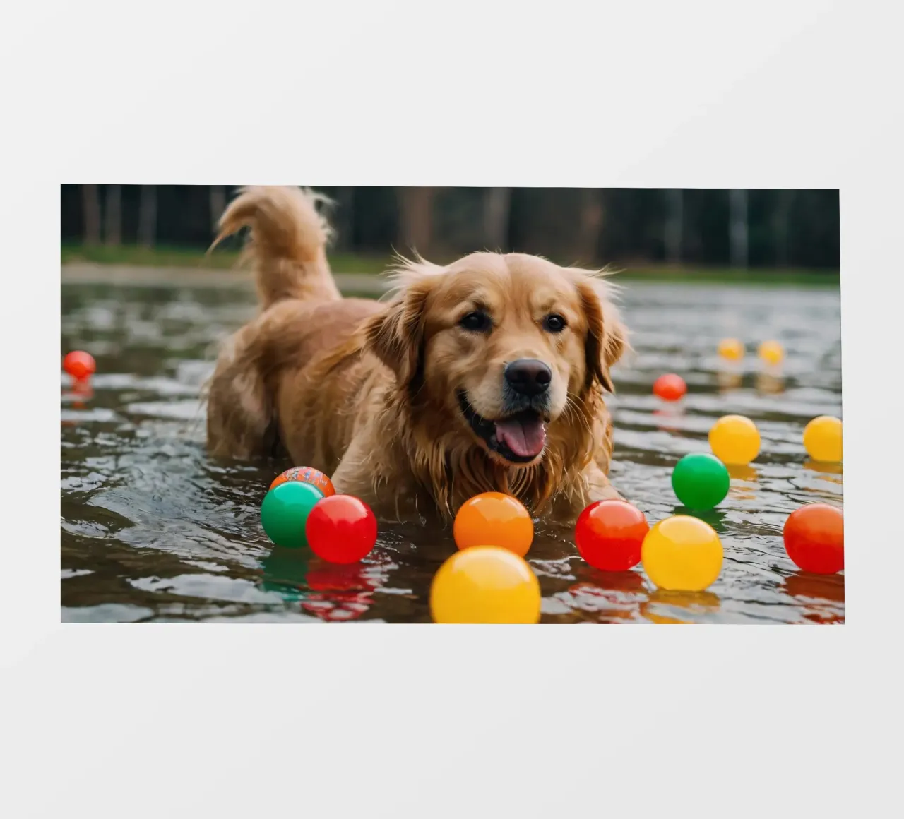 Golden retriever che gioca allegramente in acqua circondato da palline pellicola backlit da DesignDoodle