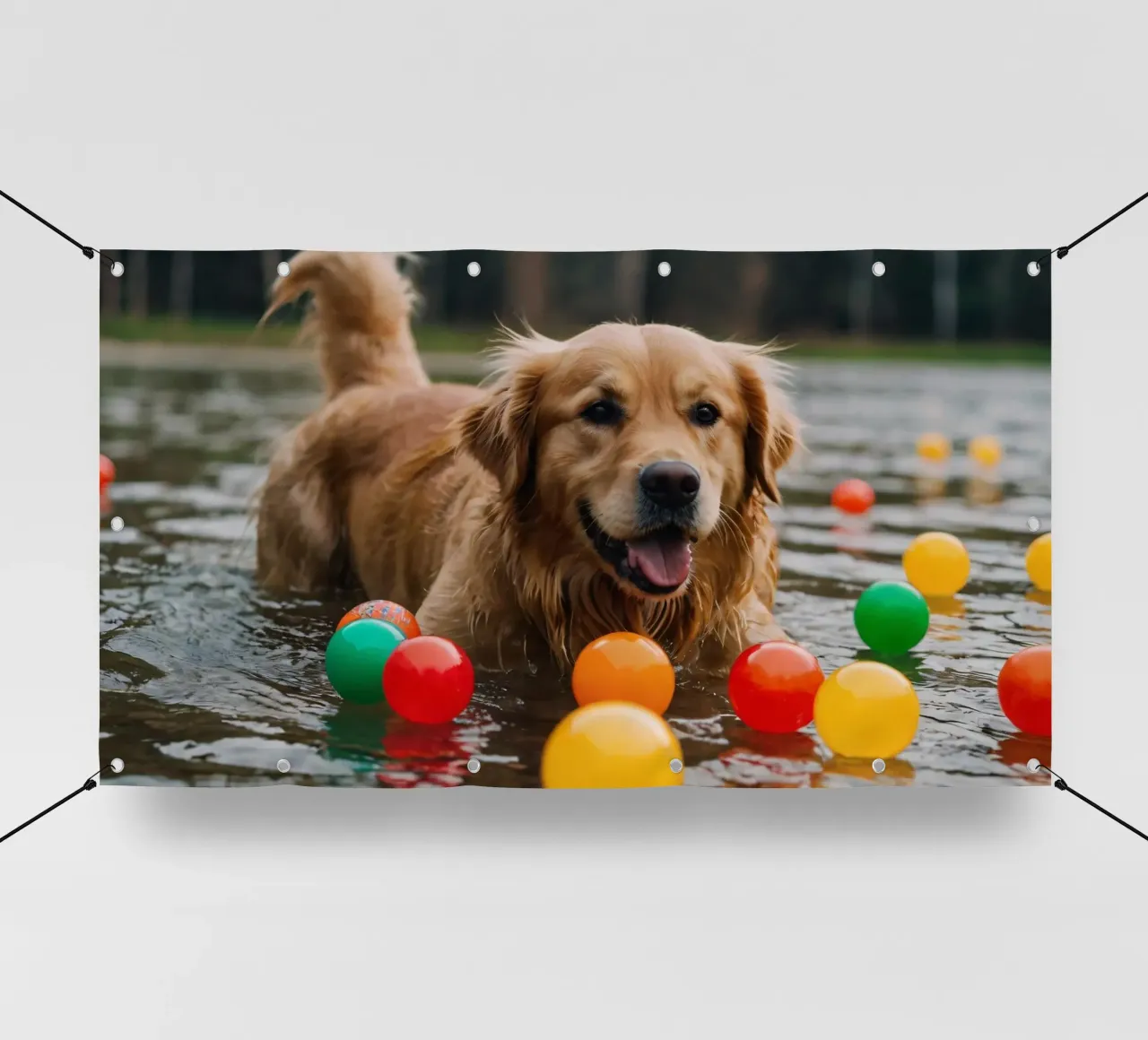 Golden retriever che gioca allegramente in acqua circondato da palline telo in pvc da DesignDoodle