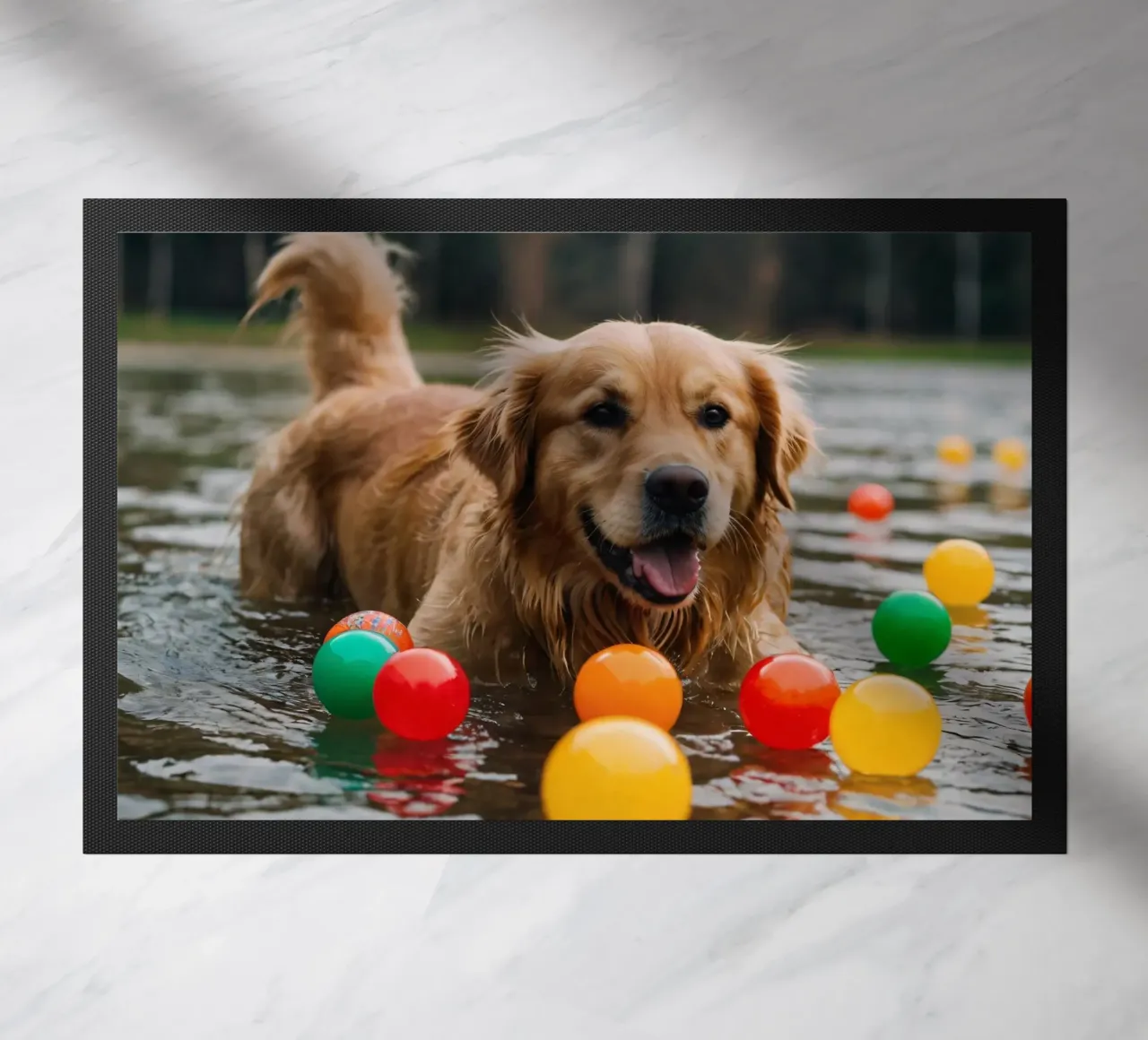 Golden retriever che gioca allegramente in acqua circondato da palline zerbino da DesignDoodle