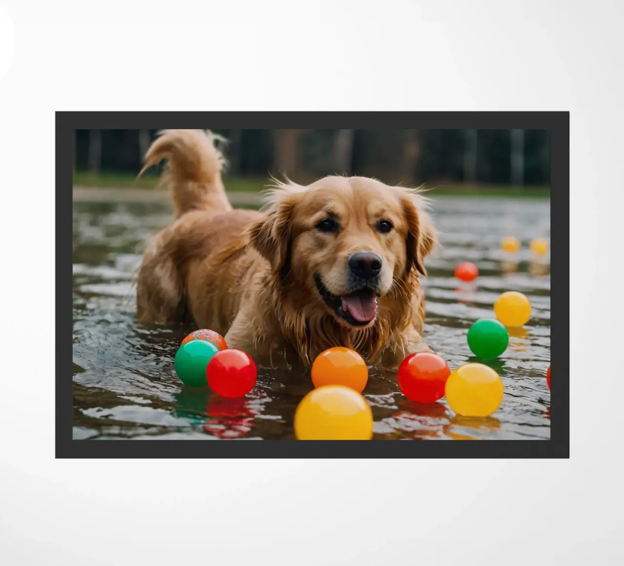 Golden retriever che gioca allegramente in acqua circondato da palline zerbino da DesignDoodle
