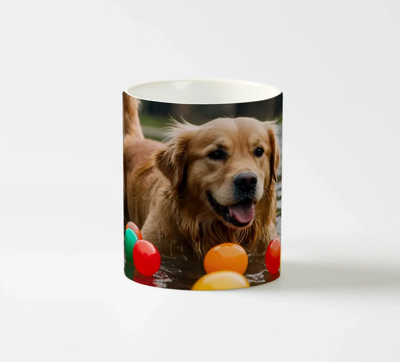 Golden retriever che gioca allegramente in acqua circondato da palline tazza in ceramica da DesignDoodle