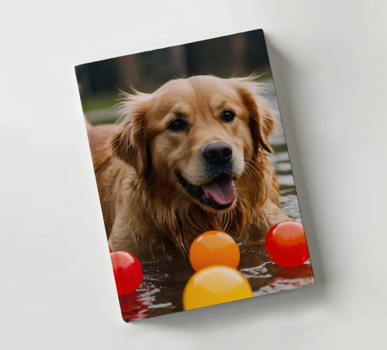 Golden retriever playing joyfully in water surrounded balls notebook by DesignDoodle