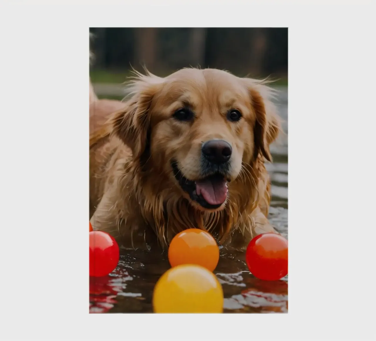 Golden retriever playing joyfully in water surrounded balls notebook by DesignDoodle