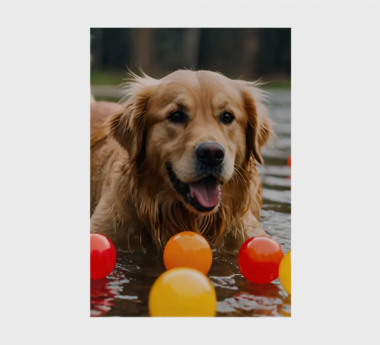 Golden retriever playing joyfully in water surrounded balls notebook by DesignDoodle