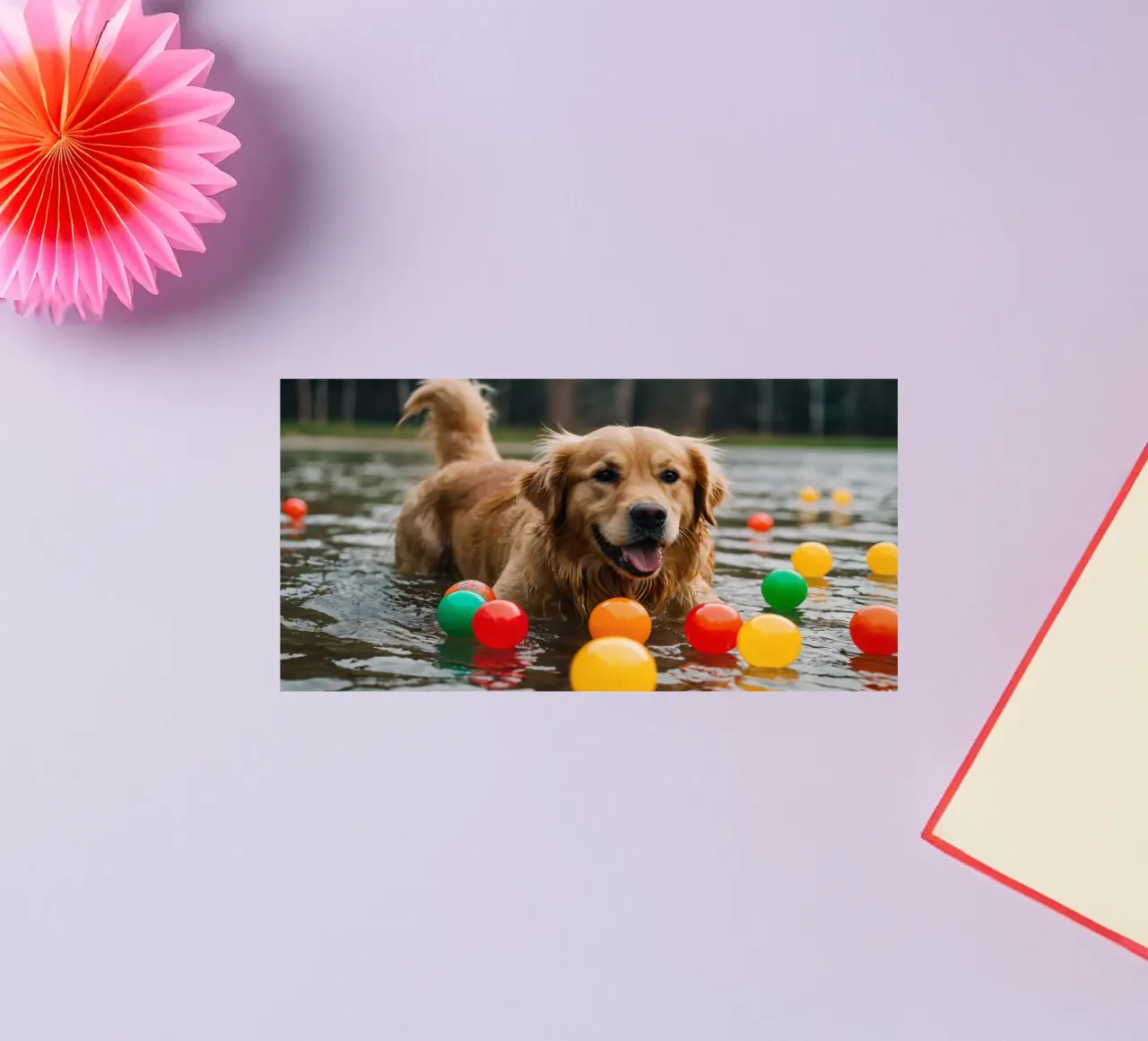 Golden retriever playing joyfully in water surrounded balls sticker by DesignDoodle