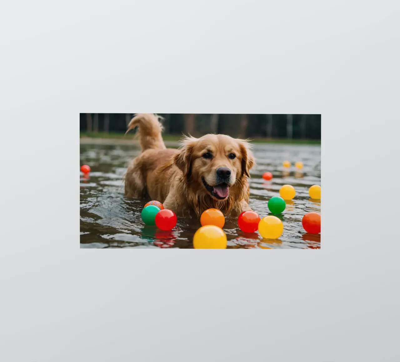 Golden retriever playing joyfully in water surrounded balls sticker by DesignDoodle