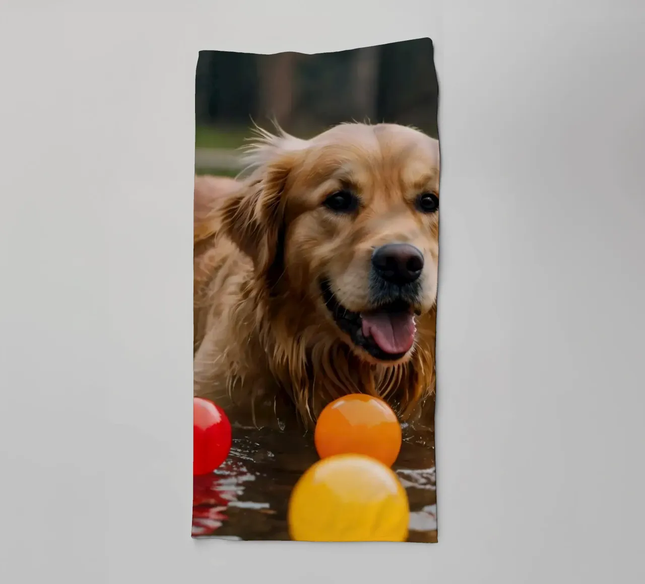 Golden retriever playing joyfully in water surrounded balls towel by DesignDoodle
