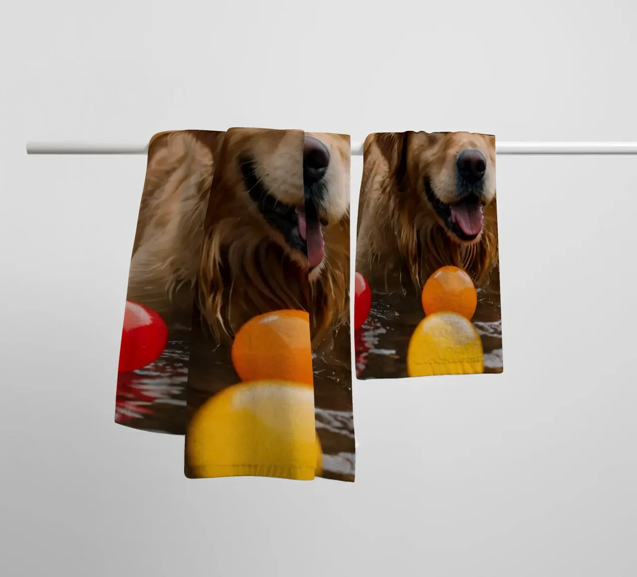 Golden retriever playing joyfully in water surrounded balls towel by DesignDoodle