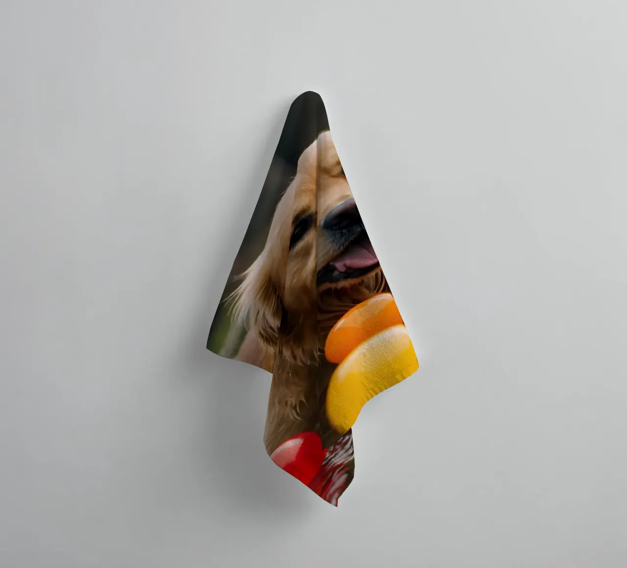Golden retriever playing joyfully in water surrounded balls towel by DesignDoodle