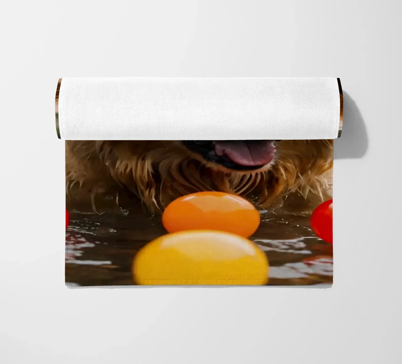 Golden retriever che gioca allegramente in acqua circondato da palline telo mare da DesignDoodle