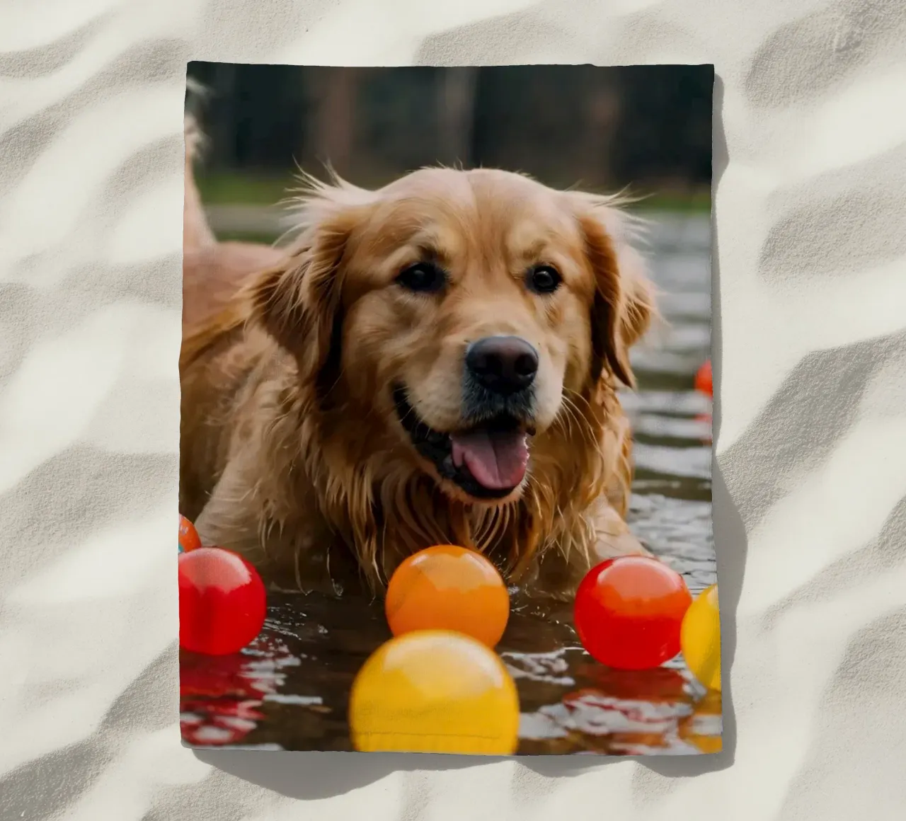 Golden retriever che gioca allegramente in acqua circondato da palline telo mare da DesignDoodle