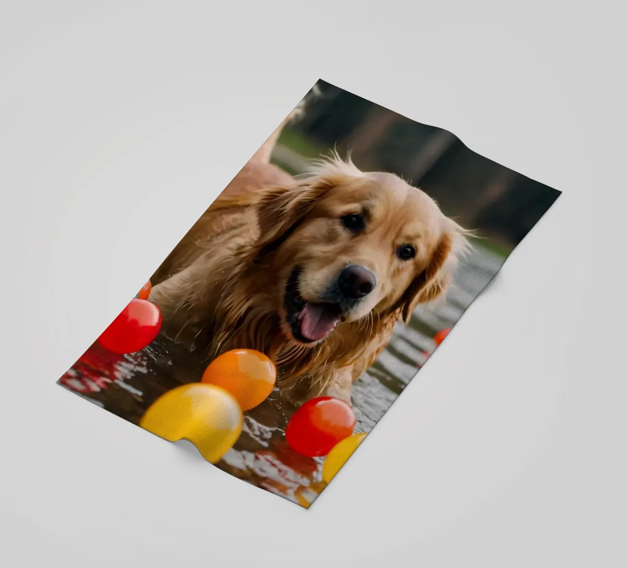Golden retriever che gioca allegramente in acqua circondato da palline telo mare da DesignDoodle