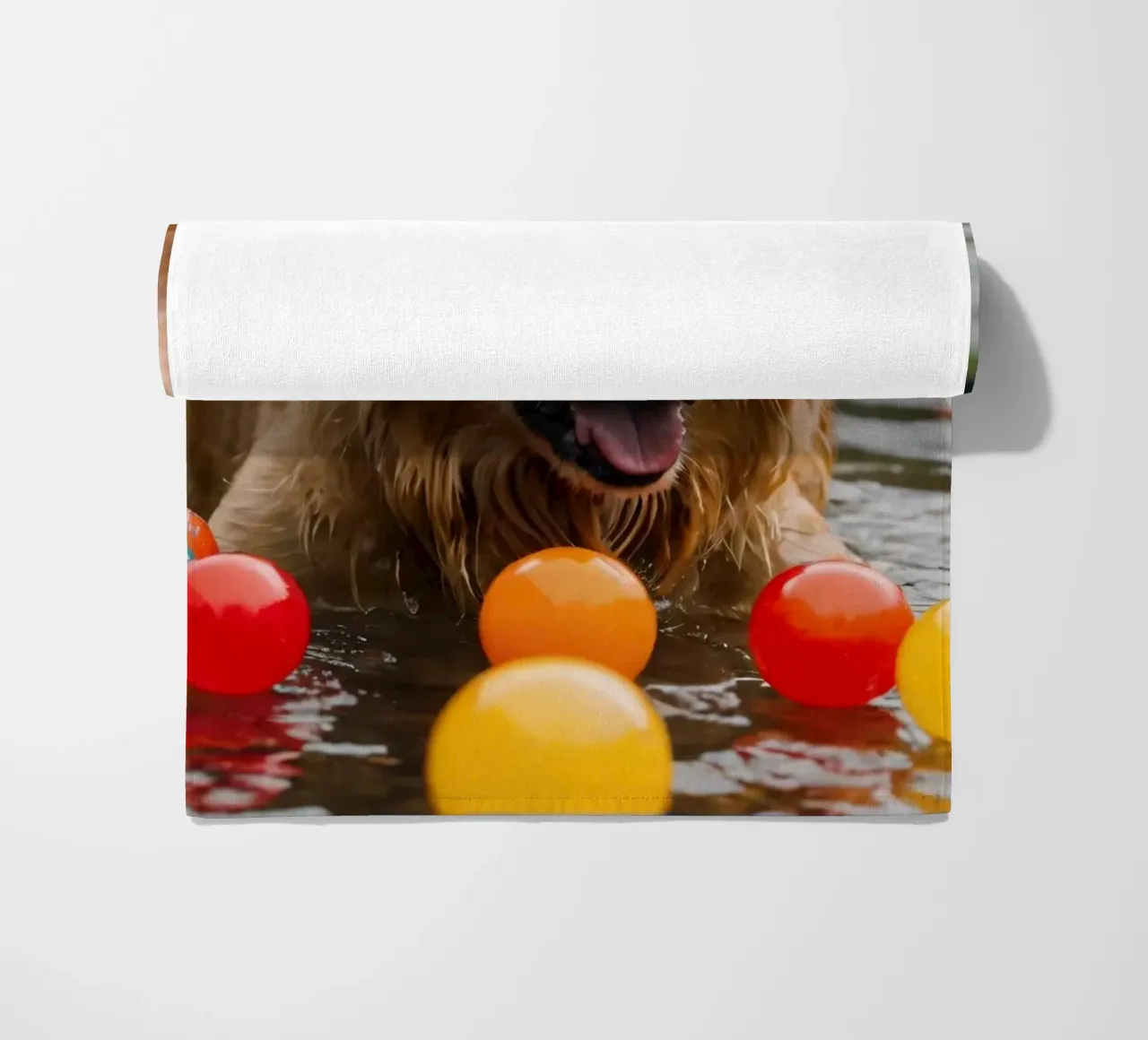 Golden retriever che gioca allegramente in acqua circondato da palline telo mare da DesignDoodle