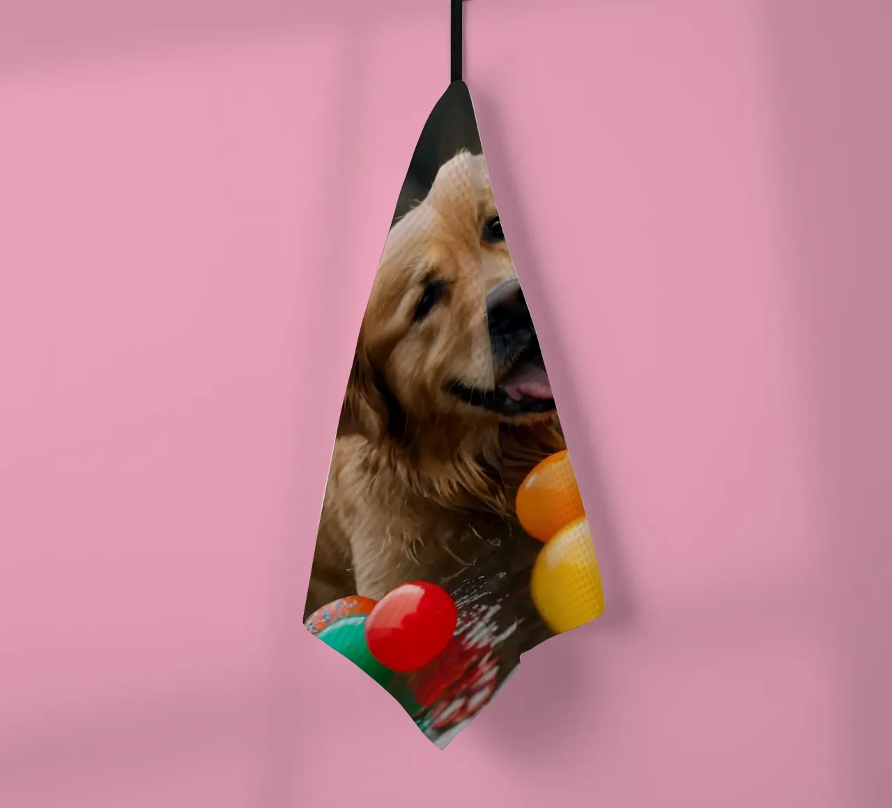 Golden retriever che gioca allegramente in acqua circondato da palline canovaccio da cucina da DesignDoodle