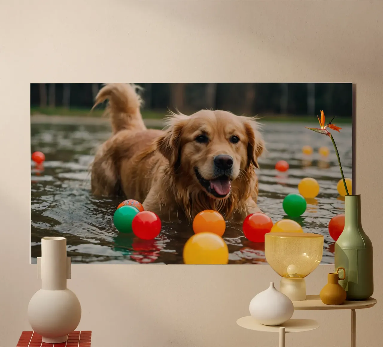 Golden retriever che gioca allegramente in acqua circondato da palline alluminio dibond da DesignDoodle