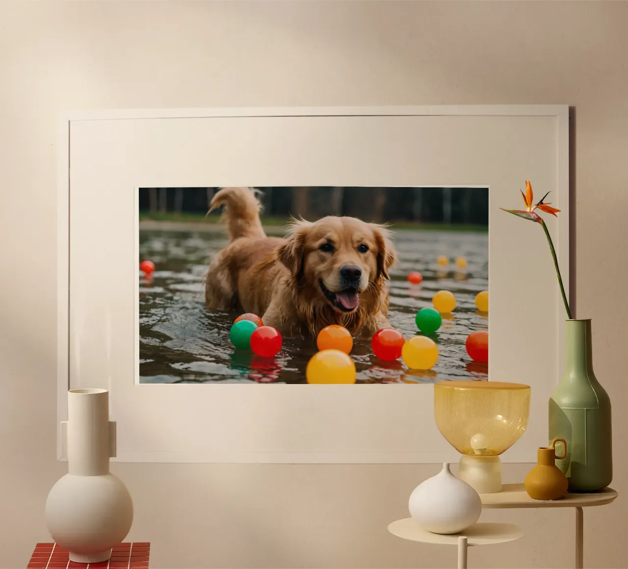 Golden retriever che gioca allegramente in acqua circondato da palline carta hahnemühle da DesignDoodle