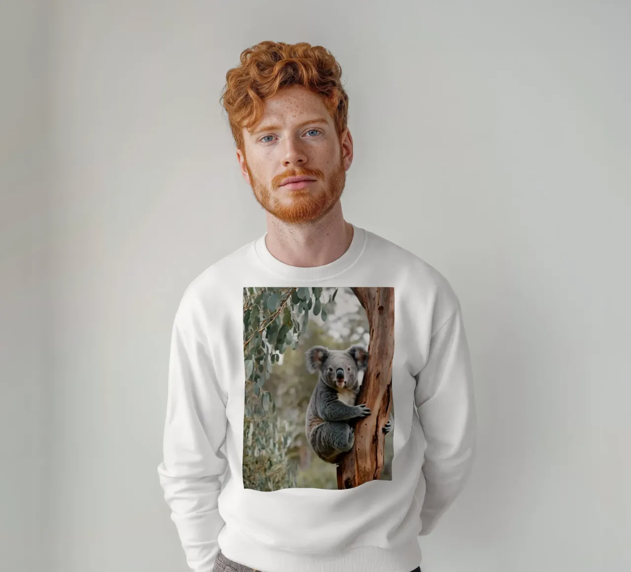 Koala trepando a un eucalipto en su hábitat natural durante sudadera de DesignDoodle