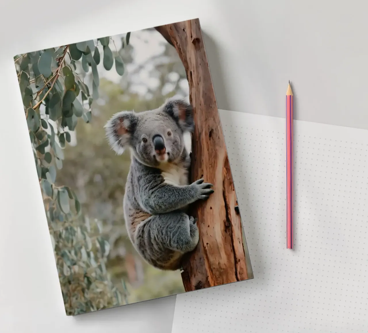 Koala climbing eucalyptus tree in its natural habitat during notebook by DesignDoodle