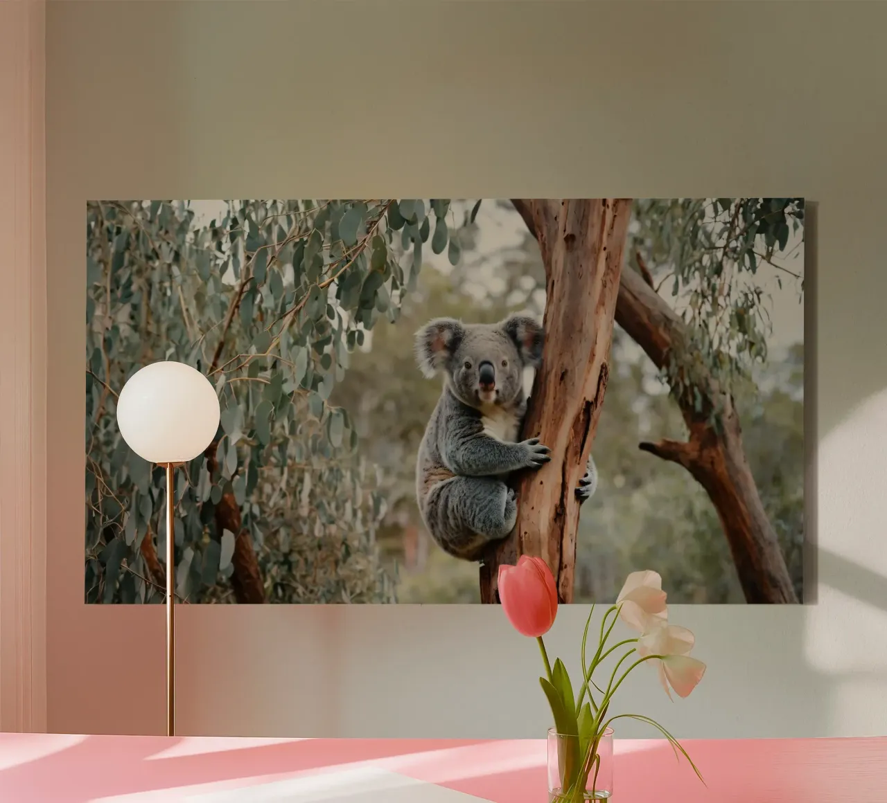 Koala climbing eucalyptus tree in its natural habitat during canvas with Floater frame by DesignDoodle