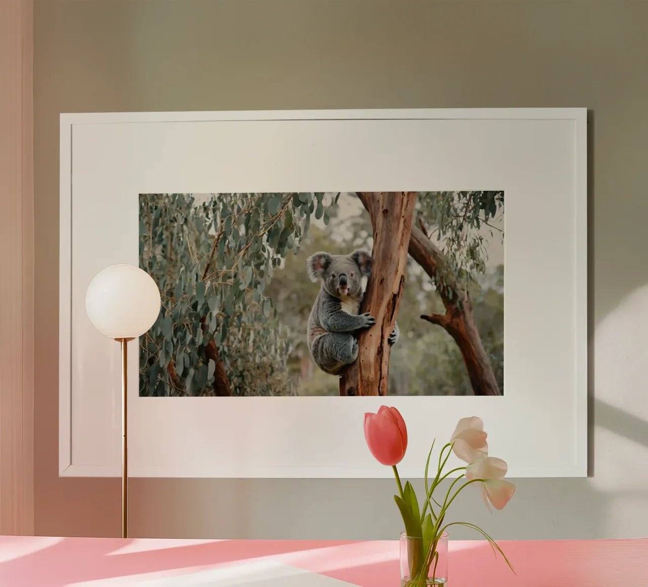 Koala grimpant à un eucalyptus dans son habitat naturel lors d'une visite à l'aéroport. poster avec cadre en plastique de DesignDoodle