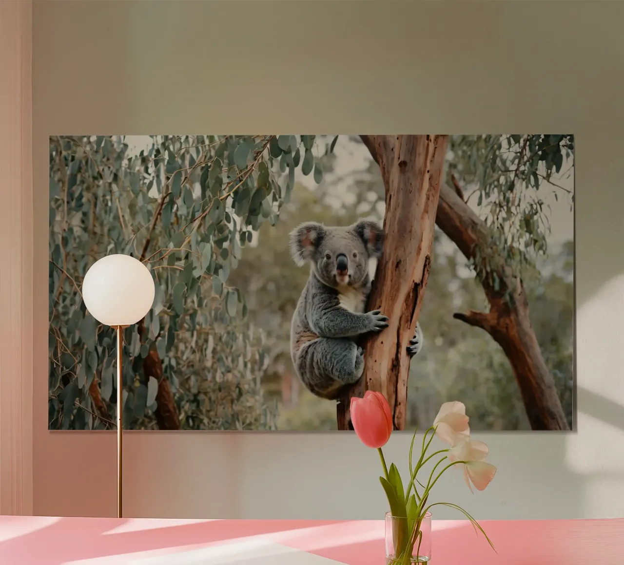 Koala grimpant à un eucalyptus dans son habitat naturel lors d'une visite à l'aéroport. poster avec cadre en plastique de DesignDoodle