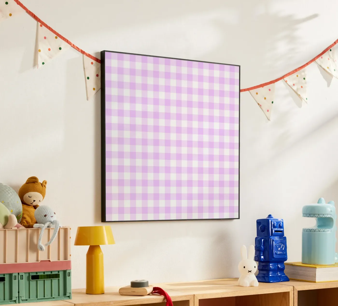 Gingham rosa pastello e viola alluminio dibond da Happy Littles