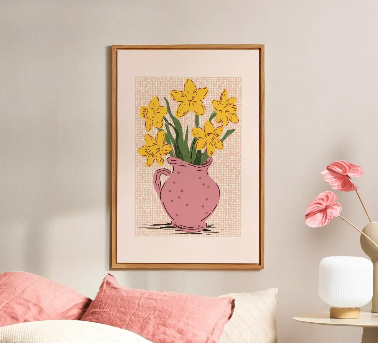 Narcisi gialli in vaso rosa alluminio dibond da Melloi Art Print