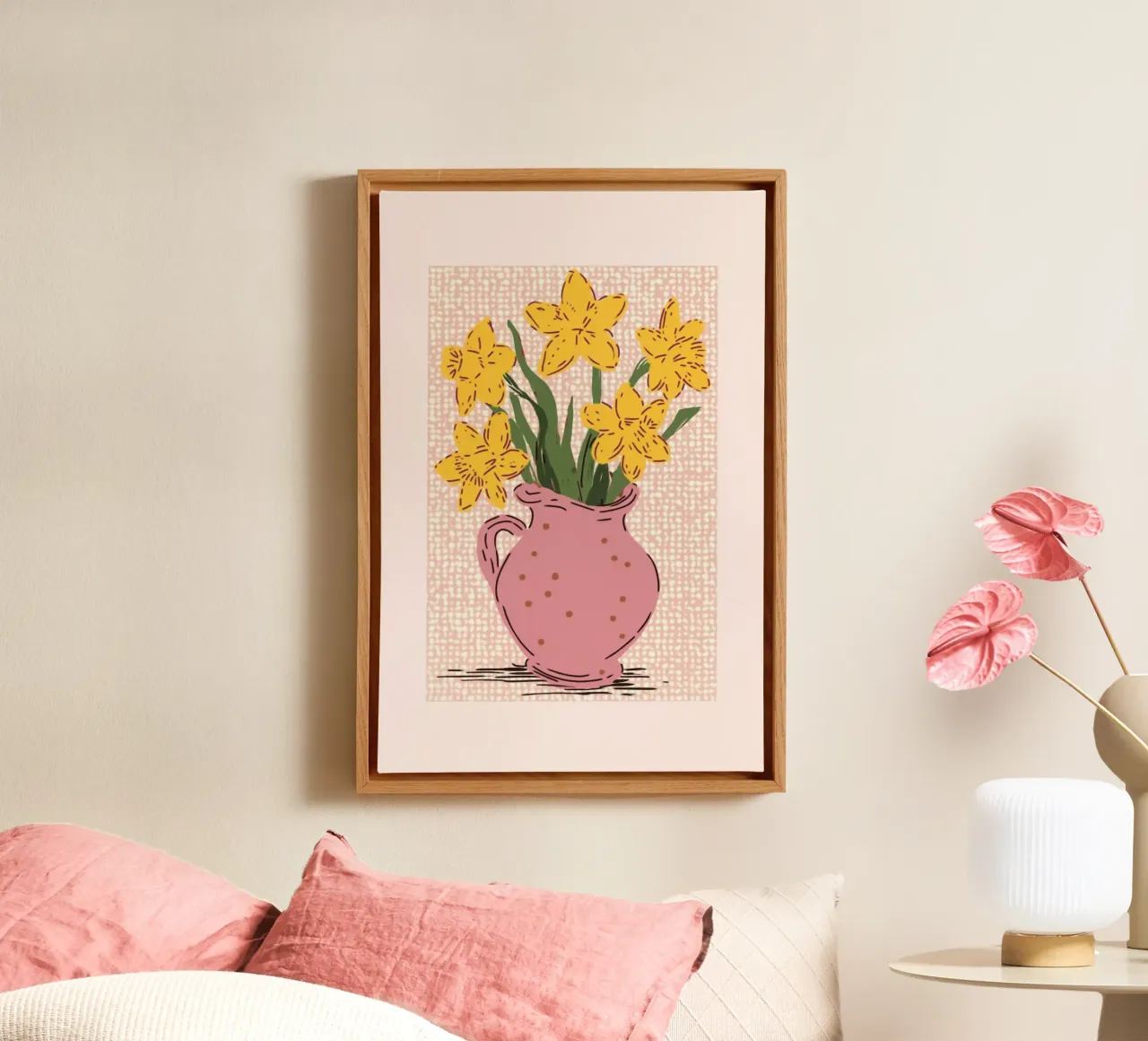 Gele narcissen in roze vaas canvas met Baklijst van Melloi Art Print