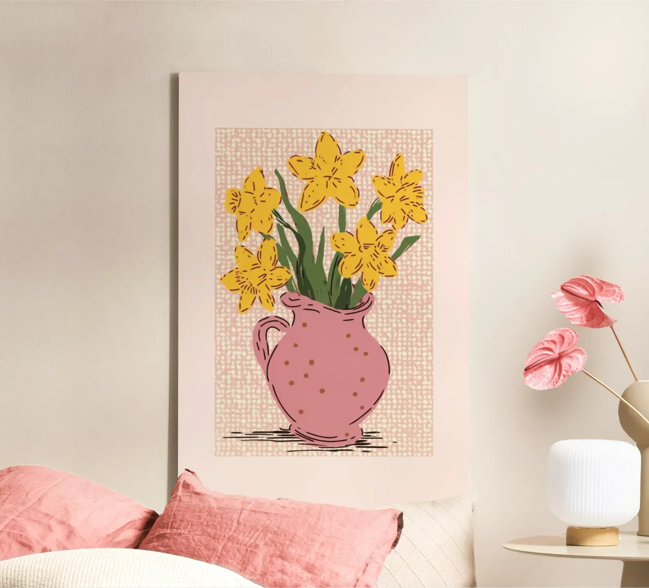 Gele narcissen in roze vaas canvas met Baklijst van Melloi Art Print