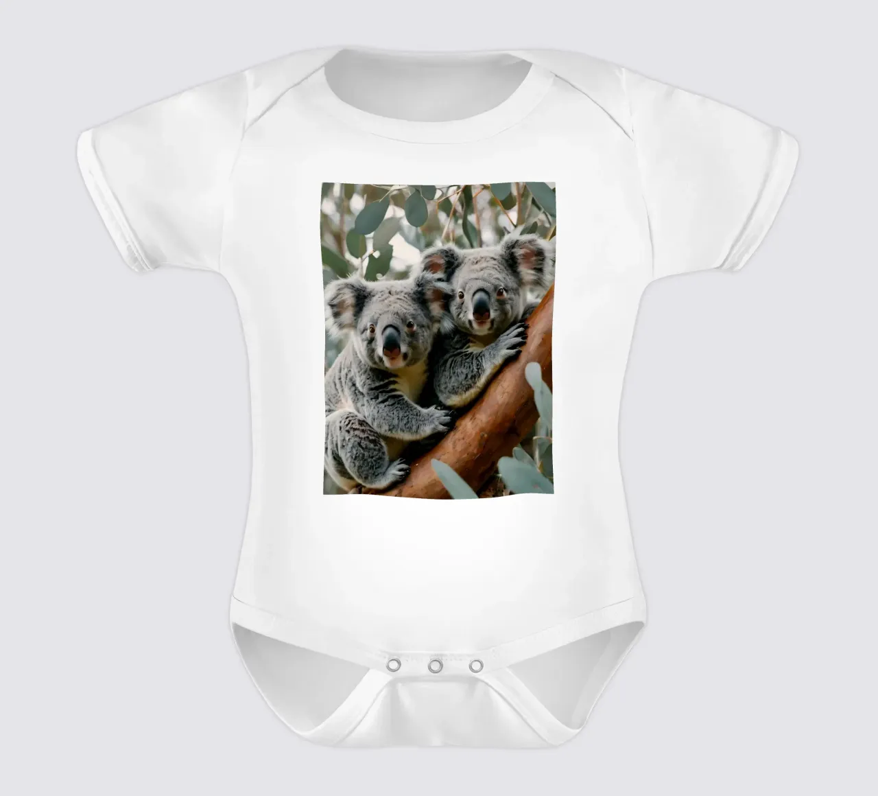 Two koalas resting together on a eucalyptus tree short-sleeve baby romper by DesignDoodle