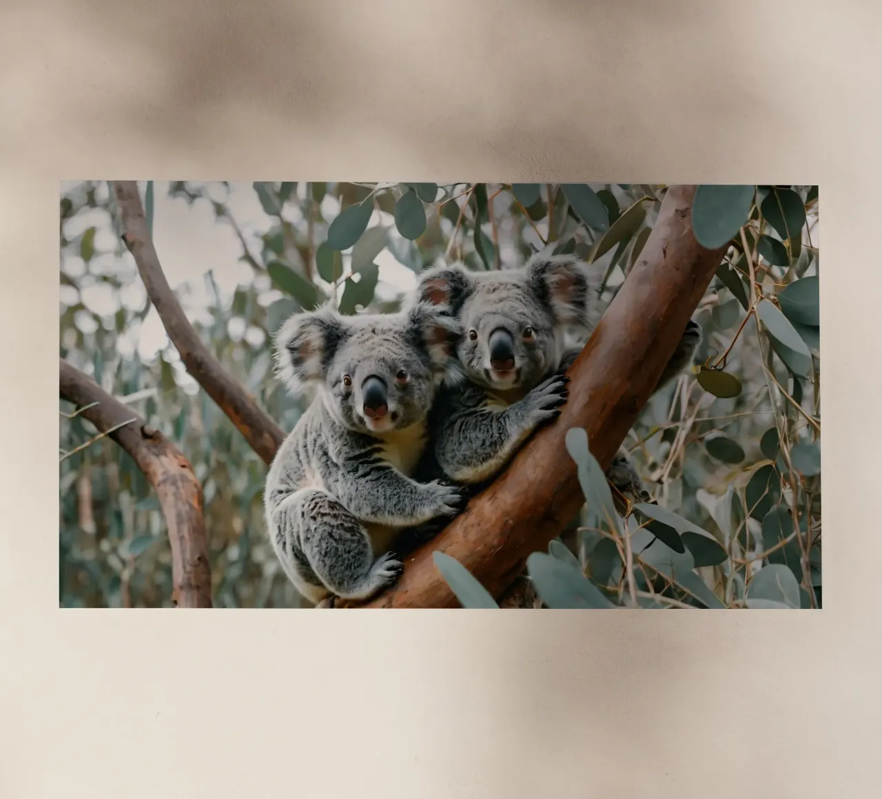 Two koalas resting together on a eucalyptus tree backlit film by DesignDoodle