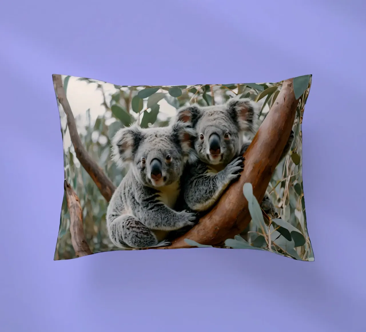 Two koalas resting together on a eucalyptus tree decorative cushion by DesignDoodle