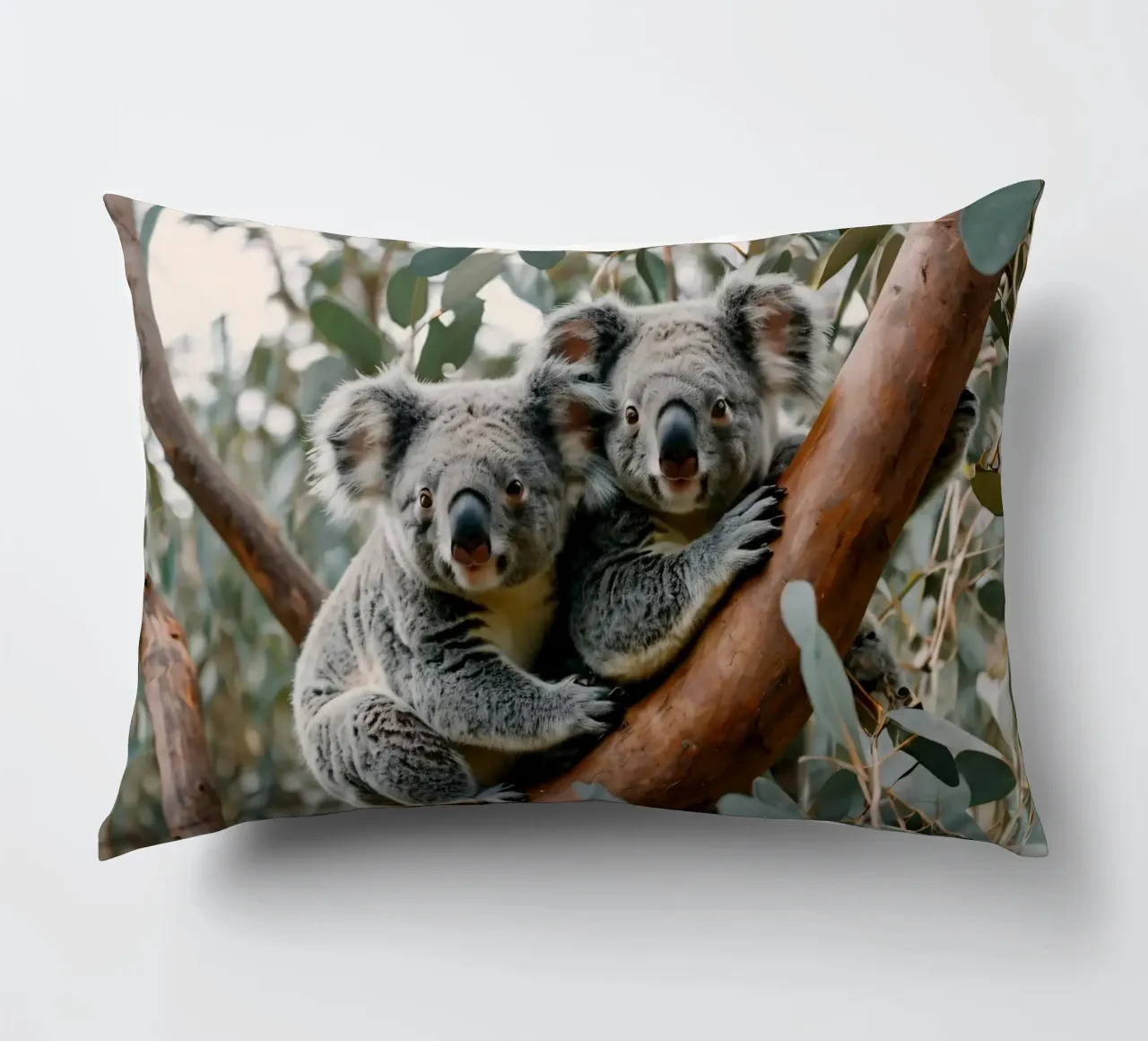Two koalas resting together on a eucalyptus tree decorative cushion by DesignDoodle