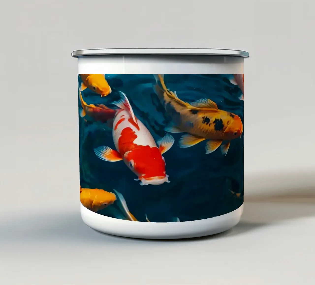 Colorful koi fish swimming in clear water at a serene garden enamel mug by DesignDoodle
