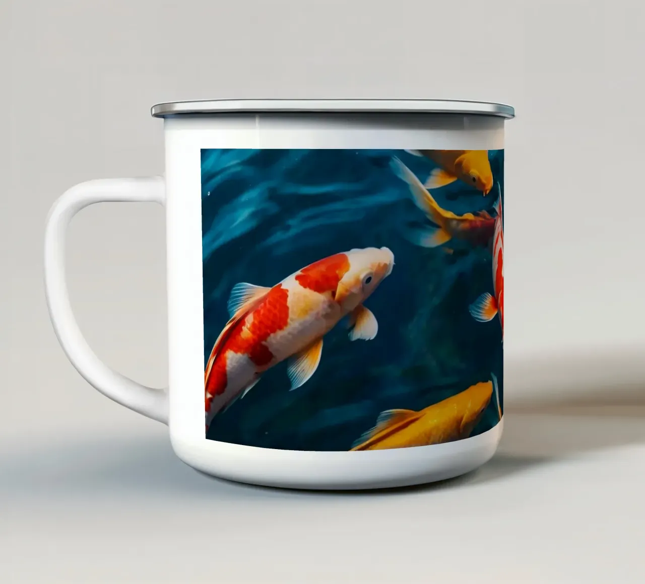 Colorful koi fish swimming in clear water at a serene garden enamel mug by DesignDoodle