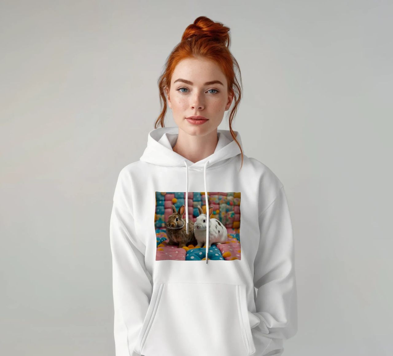 Due adorabili conigli seduti su un'accogliente trapunta colorata felpa con cappuccio da DesignDoodle