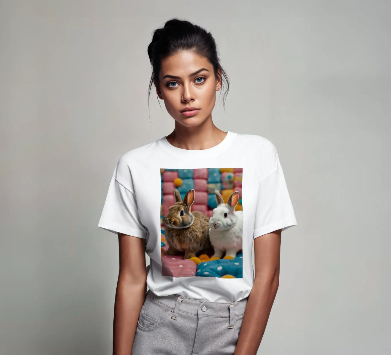 Due adorabili conigli seduti su un'accogliente trapunta colorata t-shirt da DesignDoodle