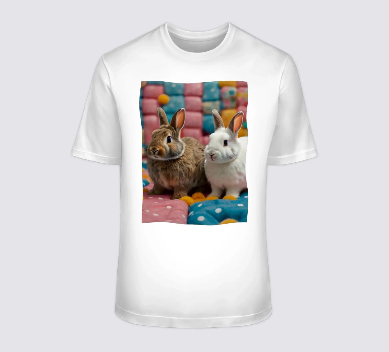 Due adorabili conigli seduti su un'accogliente trapunta colorata t-shirt da DesignDoodle