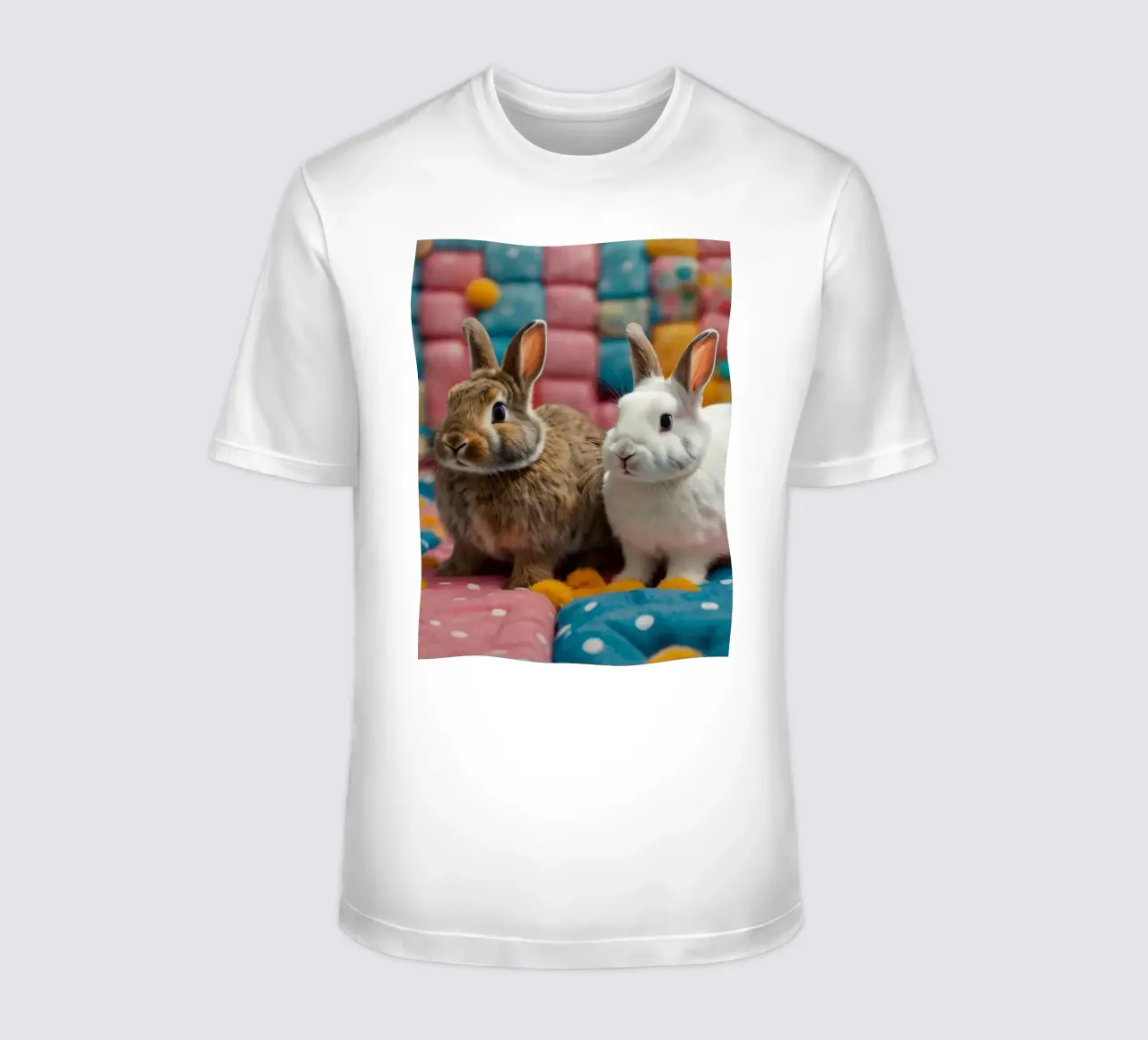 Deux adorables lapins assis sur un édredon coloré. t-shirt de DesignDoodle